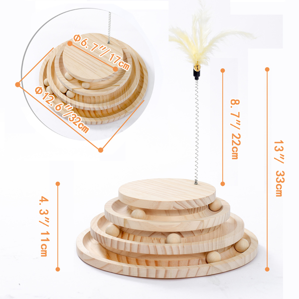Interactive Cat Toy, Modern Cat Tracks, Cat Feather Teaser, Wooden Self-Amusement Pet Toy, Circuit Ball Toy with 3 Levels for Small to Adult Cats Beige