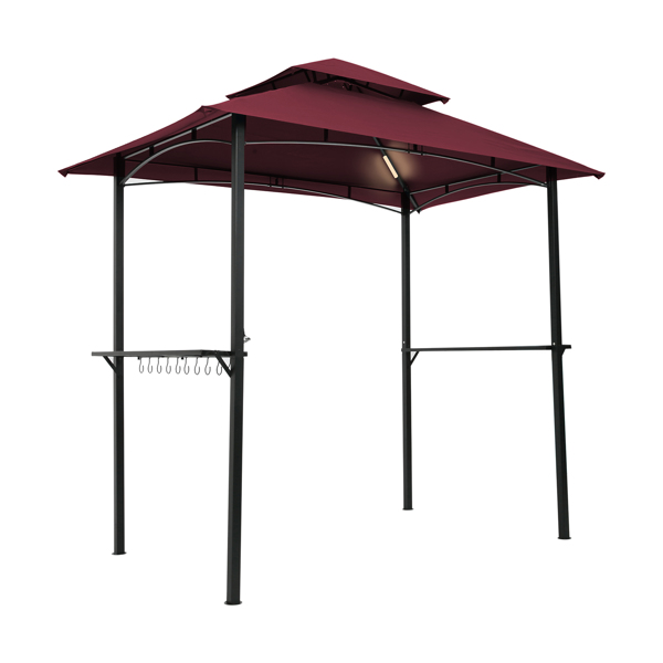 Outdoor Grill Gazebo With Light 8 x 5 Ft Shelter Tent, Double Tierd Soft Top Canopy,Steel Frame With Hook And Bar Counters,Burgundy