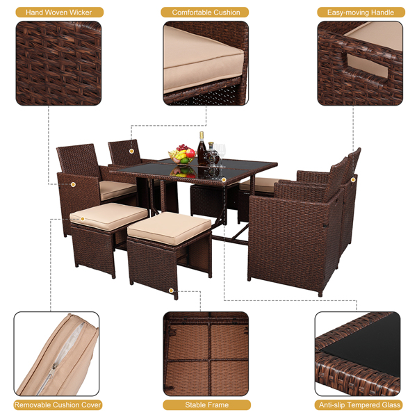 9 Pieces Wood Grain PE Wicker Rattan Dining Ottoman with Tempered Glass Table Patio Furniture Set