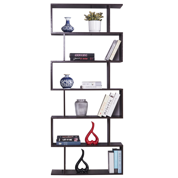 6 Shelf Bookcase, Modern S-Shaped Z-Shelf Style Bookshelf, Multifunctional Wooden Storage Display Stand Shelf Dark Brown