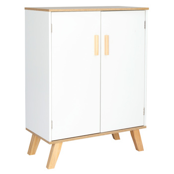 Solid Wood Foot Double Door Bathroom Cabinet White & Wood Grain Color