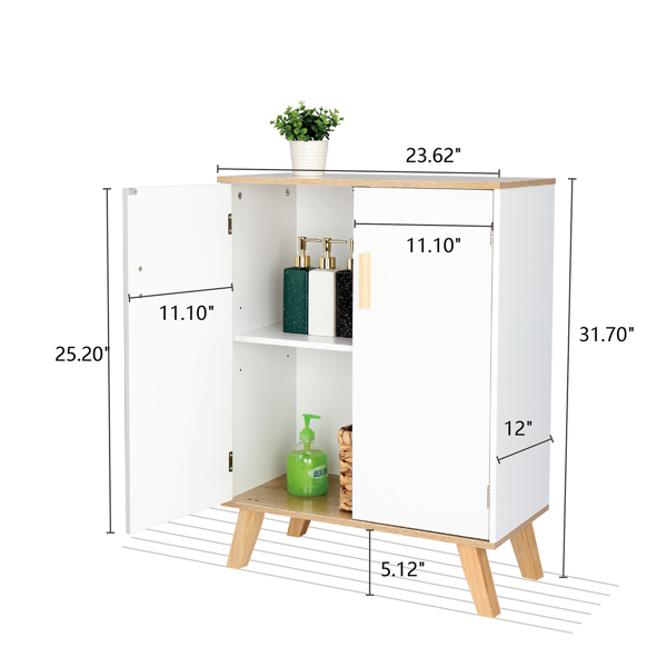 Solid Wood Foot Double Door Bathroom Cabinet White & Wood Grain Color