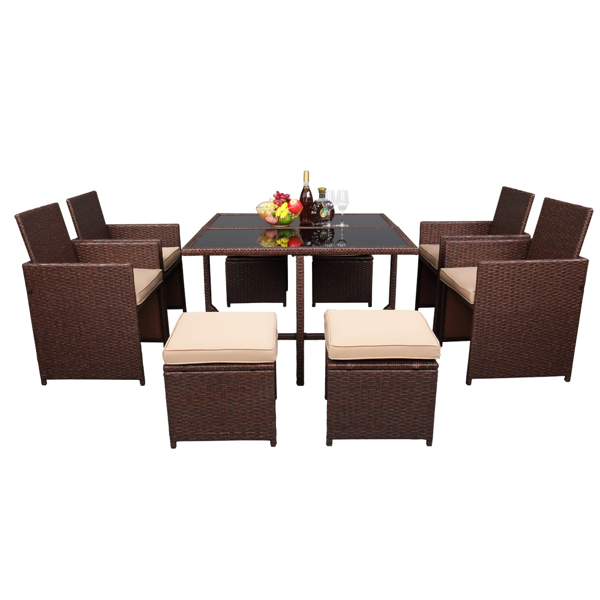 9 Pieces Wood Grain PE Wicker Rattan Dining Ottoman with Tempered Glass Table Patio Furniture Set