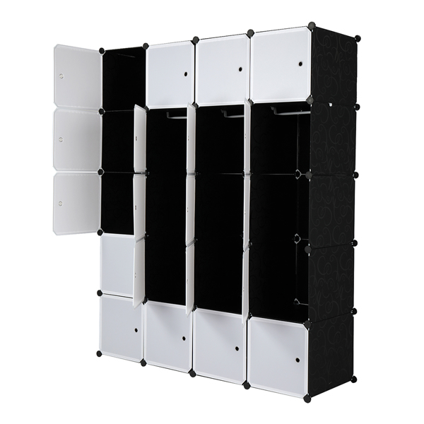 20 Cube Organizer Stackable Plastic Cube Storage Shelves Design Multifunctional Modular Closet Cabinet with Hanging Rod White Doors and Black Panels