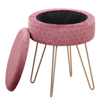 Velvet Round Footrest Stool Ottoman, Modern Upholstered Vanity Pouffe Stool Storage Function Side Table Seat Dressing Chair for Bedroom Living Room （Pink）