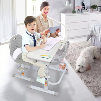 【ZTGM】70CM Lifting table top can tilt children\\'s study desk and chair gray (with reading frame and USB lamp)
