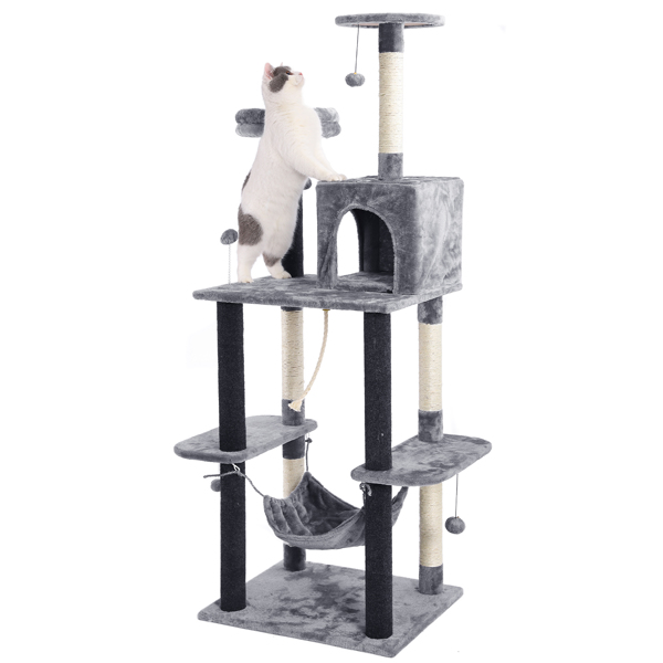 Multi-Level Cat Tree with Scratching Posts and Hammock, Kitten Tower Condo with Dangling Ball, Sisal Rope, Adult Cats Furniture Activity Centre Grey