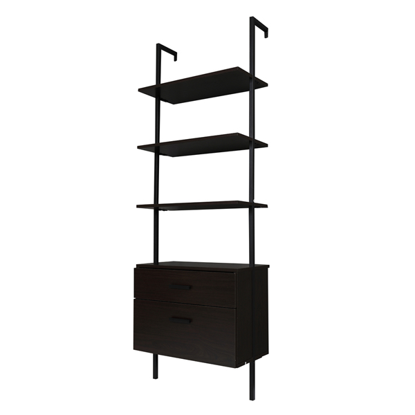 Industrial Bookshelf with Wood Drawers and Matte Steel Frame