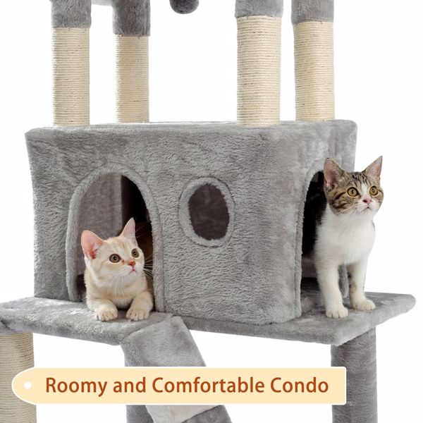 Multi-Level Cat Tree Tower Play House with Sisal Scratching Posts, Deluxe Condo and Plush Basket Bed Hammock Replaceable Dangling Ball