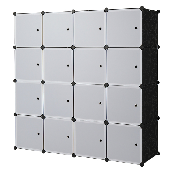 16 Cube Organizer Stackable Plastic Cube Storage Shelves Design Multifunctional Modular Closet Cabinet with Hanging Rod White Doors and Black Panels Includes 3 clothes rails