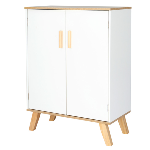 Solid Wood Foot Double Door Bathroom Cabinet White & Wood Grain Color