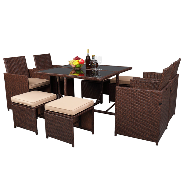 9 Pieces Wood Grain PE Wicker Rattan Dining Ottoman with Tempered Glass Table Patio Furniture Set