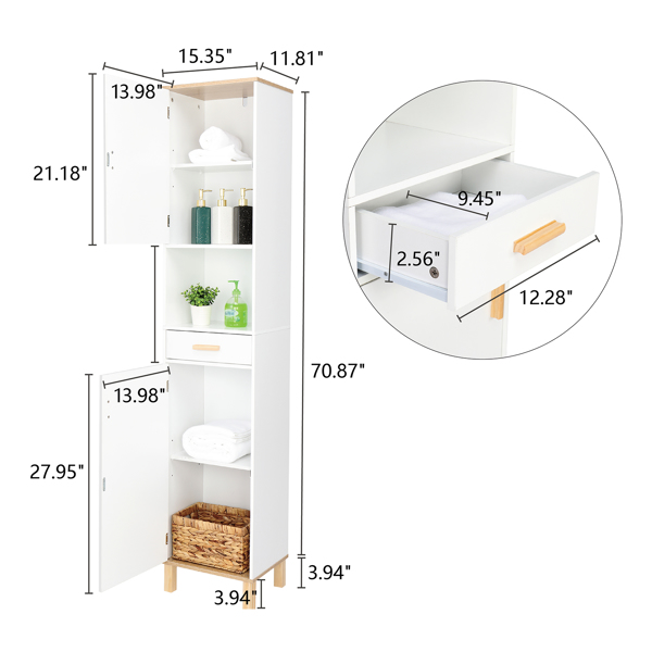 Solid Wood Foot Single Drawer Double Door Bathroom High Cabinet White & Wood Grain Color