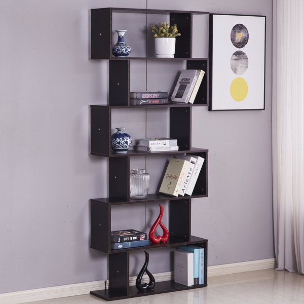 6 Shelf Bookcase, Modern S-Shaped Z-Shelf Style Bookshelf, Multifunctional Wooden Storage Display Stand Shelf Dark Brown