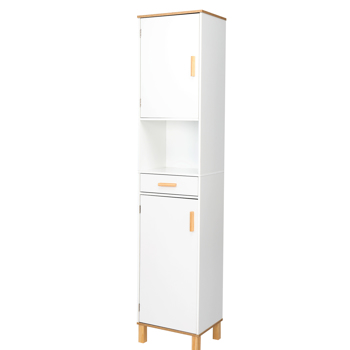 Solid Wood Foot Single Drawer Double Door Bathroom High Cabinet White & Wood Grain Color