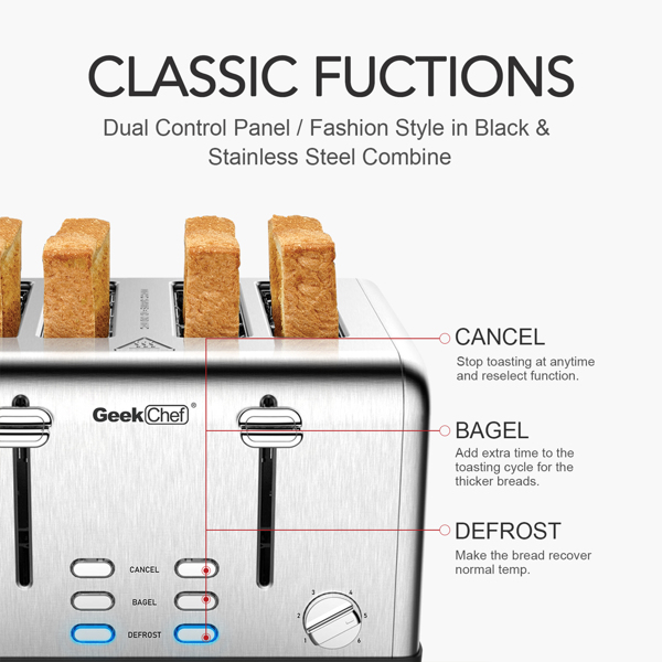 【周末无法发货，谨慎下单】Toaster 4 Slice, Geek Chef Stainless Steel Extra-Wide Slot Toaster with Dual Control Panels of Bagel/Defrost/Cancel Function(Sliver-Black)Banned from selling on Amazon