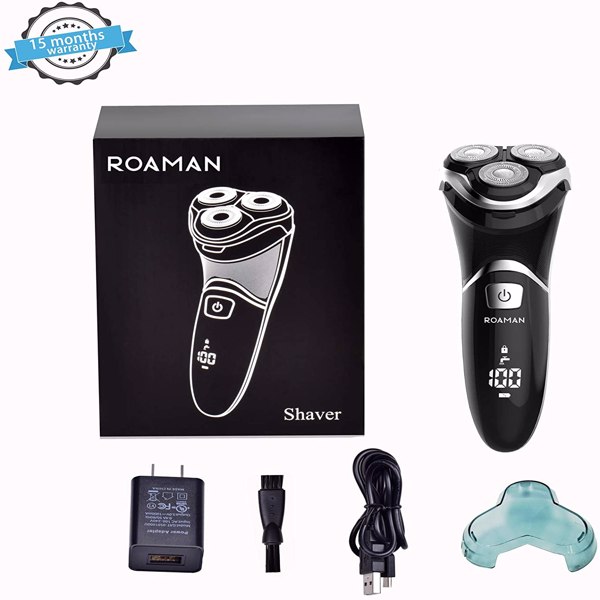 ROAMAN Men's Electric Shaver, Rechargeable 3D Rotating Men's Electric Shaver Wet and Dry IPX7 Waterproof with Pop-Up Beard Trimmer, Cordless Gaming, Wall Adapter 100-240v Best Global Travel Gift