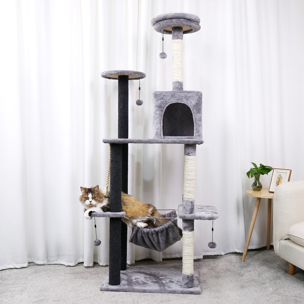 Multi-Level Cat Tree with Scratching Posts and Hammock, Kitten Tower Condo with Dangling Ball, Sisal Rope, Adult Cats Furniture Activity Centre Grey