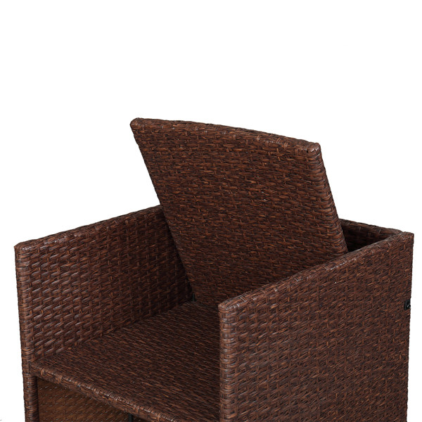 9 Pieces Wood Grain PE Wicker Rattan Dining Ottoman with Tempered Glass Table Patio Furniture Set