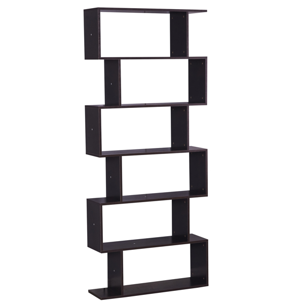 6 Shelf Bookcase, Modern S-Shaped Z-Shelf Style Bookshelf, Multifunctional Wooden Storage Display Stand Shelf Dark Brown