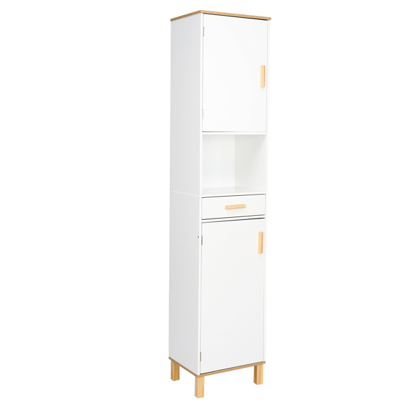 Solid Wood Foot Single Drawer Double Door Bathroom High Cabinet White & Wood Grain Color