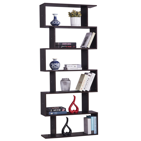 6 Shelf Bookcase, Modern S-Shaped Z-Shelf Style Bookshelf, Multifunctional Wooden Storage Display Stand Shelf Dark Brown