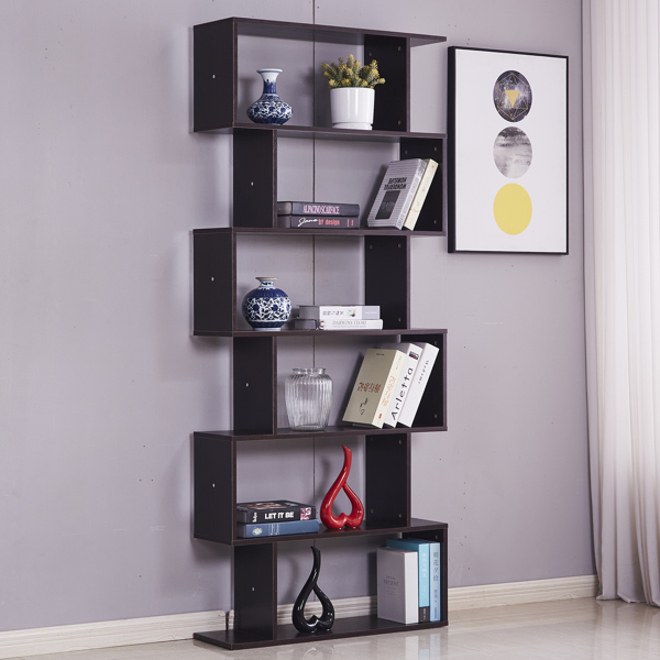 6 Shelf Bookcase, Modern S-Shaped Z-Shelf Style Bookshelf, Multifunctional Wooden Storage Display Stand Shelf Dark Brown