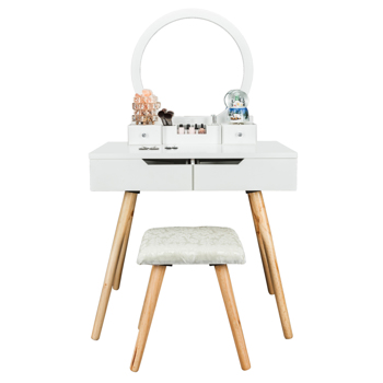 Dressing Table with Single Round Mirror & 4 Drawers White