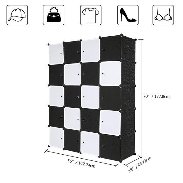 加深款5层20格格子大小35*45cm-带3个挂衣杆 魔方片衣柜 塑料 钢丝 142*47*178cm 黑白组合门 黑色花纹柜体 N001 可自由组装 DIY风-11