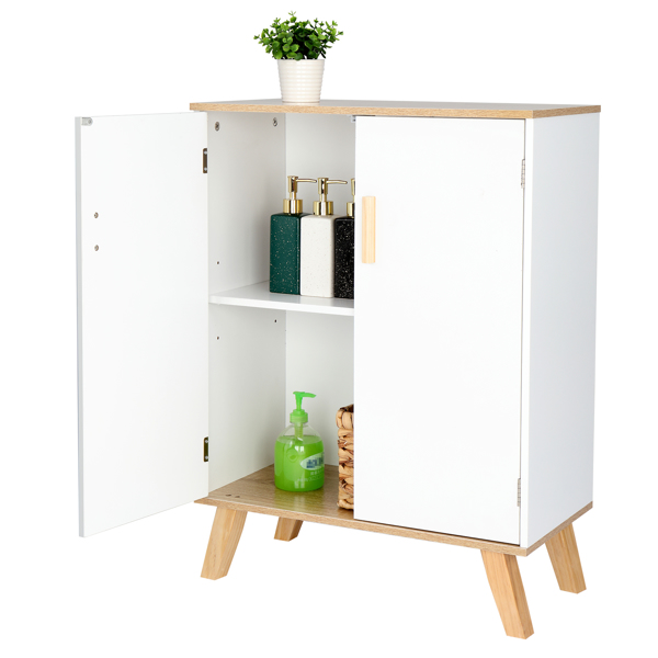 Solid Wood Foot Double Door Bathroom Cabinet White & Wood Grain Color