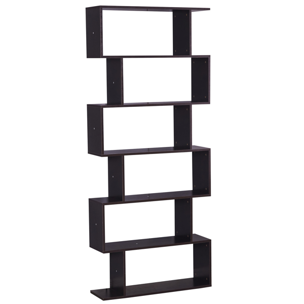 6 Shelf Bookcase, Modern S-Shaped Z-Shelf Style Bookshelf, Multifunctional Wooden Storage Display Stand Shelf Dark Brown