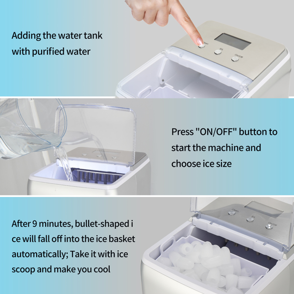 120V 150W 44lbs/20kg/24h Ice Maker ABS Transparent Cover/Display Commercial/Home Silver