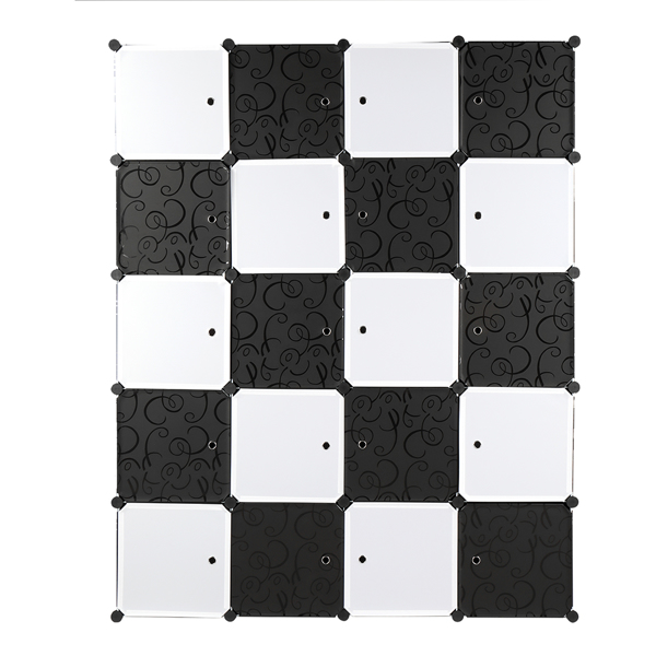 加深款5层20格格子大小35*45cm-带3个挂衣杆 魔方片衣柜 塑料 钢丝 142*47*178cm 黑白组合门 黑色花纹柜体 N001 可自由组装 DIY风-8