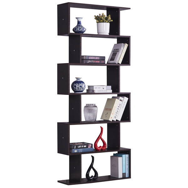 6 Shelf Bookcase, Modern S-Shaped Z-Shelf Style Bookshelf, Multifunctional Wooden Storage Display Stand Shelf Dark Brown