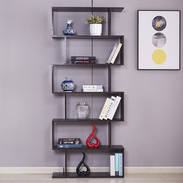 6 Shelf Bookcase, Modern S-Shaped Z-Shelf Style Bookshelf, Multifunctional Wooden Storage Display Stand Shelf Dark Brown