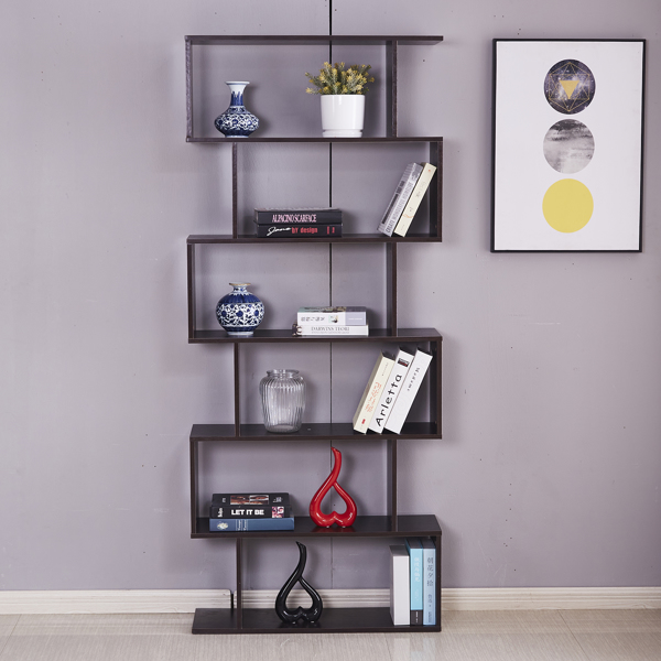 6 Shelf Bookcase, Modern S-Shaped Z-Shelf Style Bookshelf, Multifunctional Wooden Storage Display Stand Shelf Dark Brown