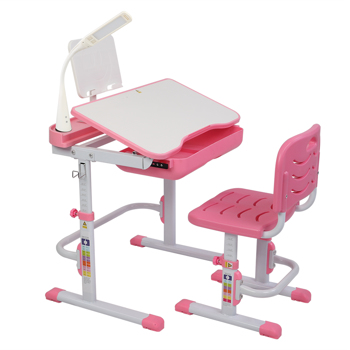 70CM Lifting Table Can Tilt Children Learning Table And Chair Pink (With Reading Stand With USB Table Lamp) 