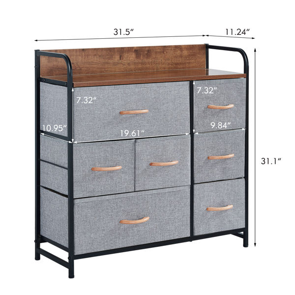 7-Drawer Dresser, 3-Tier Storage Organizer, Tower Unit for Bedroom, Fabric Dressers & Chests of Drawers, Hallway, Entryway, Closets Solid Wooden Top, Removable Linen Fabric Bins (Grey)