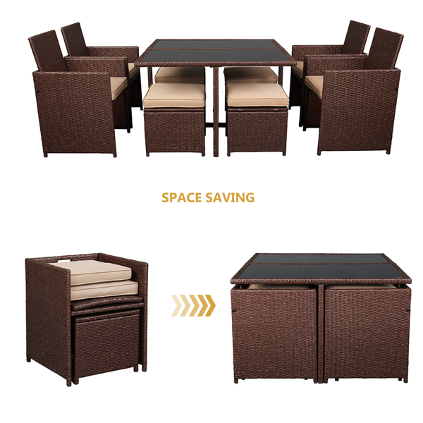 9 Pieces Wood Grain PE Wicker Rattan Dining Ottoman with Tempered Glass Table Patio Furniture Set