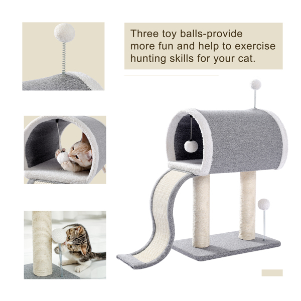 Cat Tree Condo Activity Tower Furniture with Scratching Posts Slide and Dangling Balls Grey