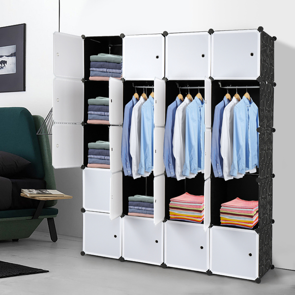 20 Cube Organizer Stackable Plastic Cube Storage Shelves Design Multifunctional Modular Closet Cabinet with Hanging Rod White Doors and Black Panels