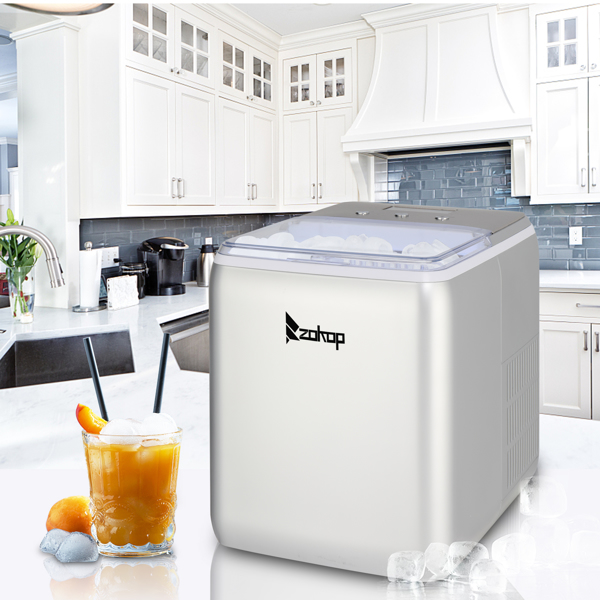 120V 150W 44lbs/20kg/24h Ice Maker ABS Transparent Cover/Display Commercial/Home Silver