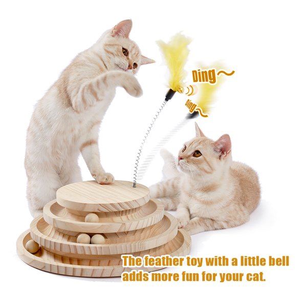 Interactive Cat Toy, Modern Cat Tracks, Cat Feather Teaser, Wooden Self-Amusement Pet Toy, Circuit Ball Toy with 3 Levels for Small to Adult Cats Beige