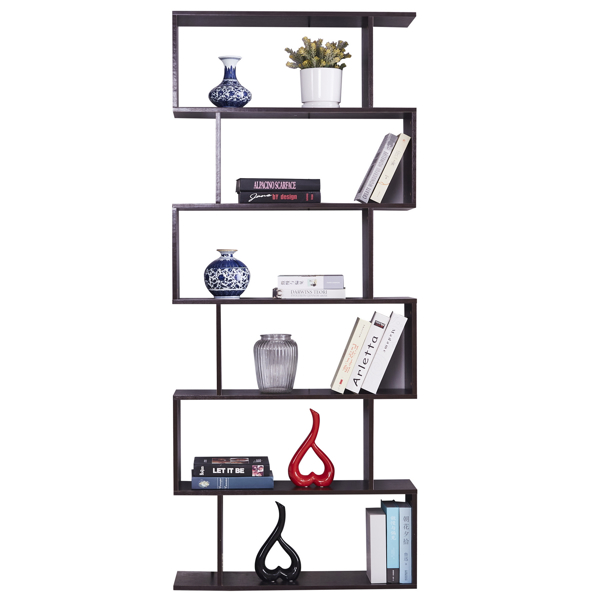 6 Shelf Bookcase, Modern S-Shaped Z-Shelf Style Bookshelf, Multifunctional Wooden Storage Display Stand Shelf Dark Brown