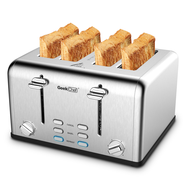 【周末无法发货，谨慎下单】Toaster 4 Slice, Geek Chef Stainless Steel Extra-Wide Slot Toaster with Dual Control Panels of Bagel/Defrost/Cancel Function(Sliver-Black)Banned from selling on Amazon