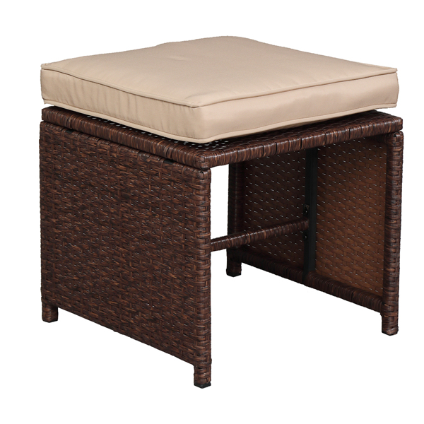 9 Pieces Wood Grain PE Wicker Rattan Dining Ottoman with Tempered Glass Table Patio Furniture Set