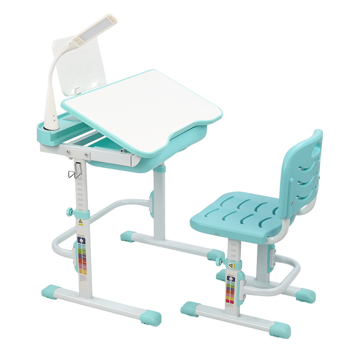  70CM Lifting Table Can Tilt Children Learning Table And Chair Blue-Green (With Reading Stand With USB Table Lamp)
