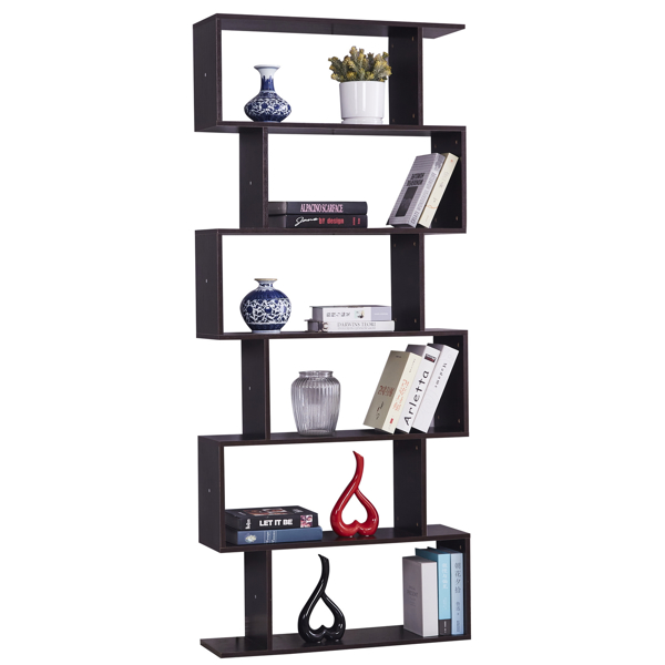 6 Shelf Bookcase, Modern S-Shaped Z-Shelf Style Bookshelf, Multifunctional Wooden Storage Display Stand Shelf Dark Brown