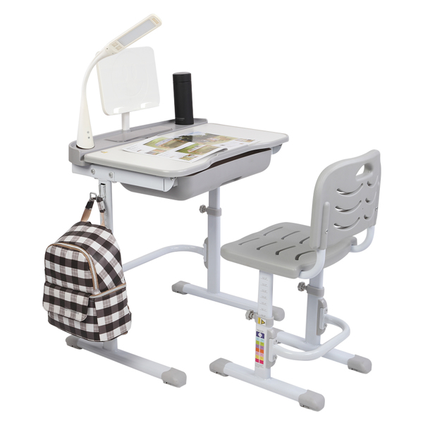  【ZTGM】70CM Lifting table top can tilt children's study desk and chair gray (with reading frame and USB lamp)