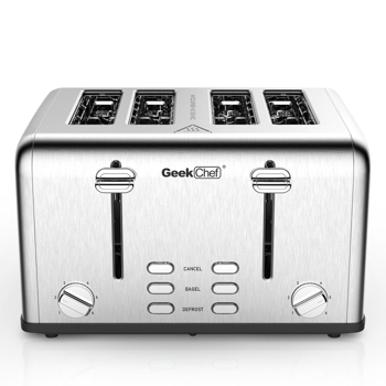 Toaster 4 Slice, Geek Chef Stainless Steel Extra-Wide Slot Toaster with Dual Control Panels of Bagel/Defrost/Cancel Function(Sliver-Black)Banned from selling on Amazon